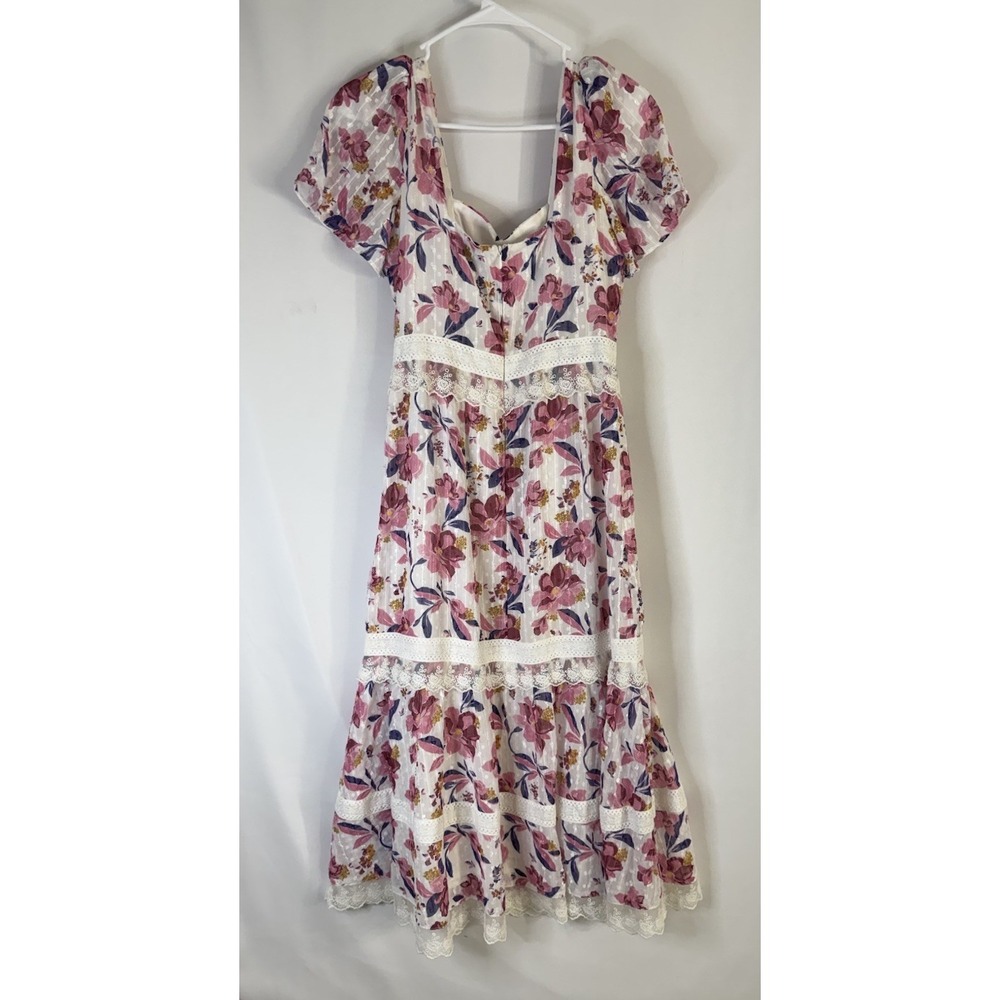Adelyn Rae Women's Floral Lace Trim Midi Dress Pink White Puff Sleeve Size Small - Picture 3 of 7
